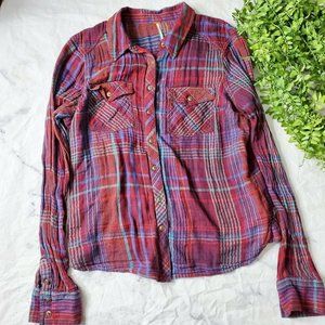 Free People Red Blue Plaid Flannel Long Sleeve Top